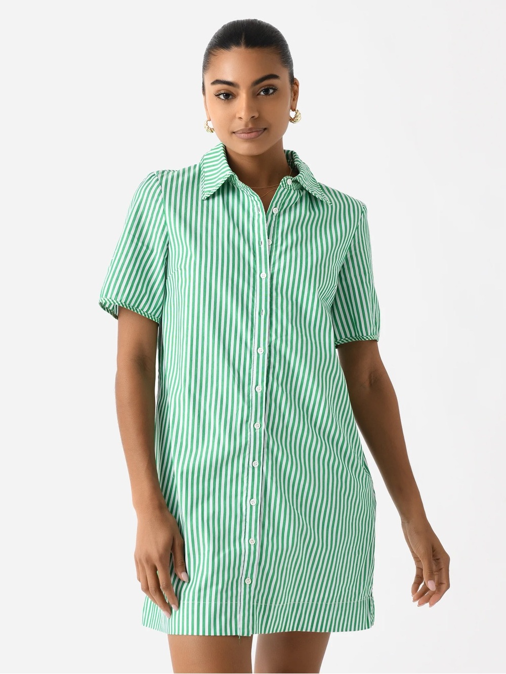 English Factory Green and White Striped Mini Shirt Dress
